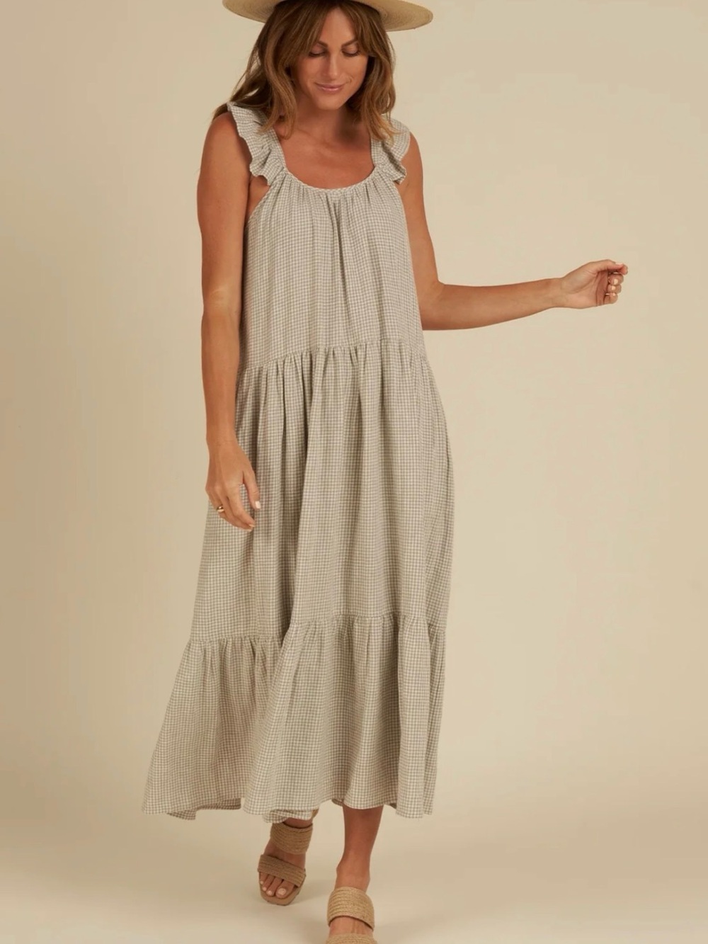 Sleeveless Gingham Tiered Midi Dress in Beige